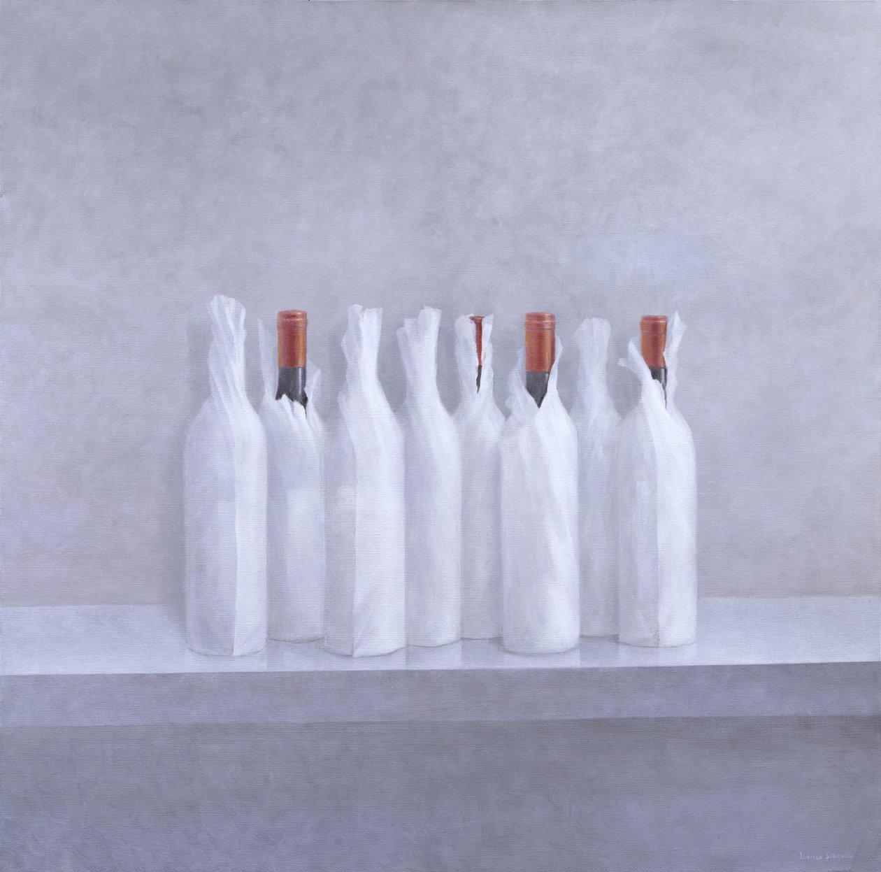 Garrafas embrulhadas em cinza, 2005 (acrílico sobre tela) de Lincoln Seligman