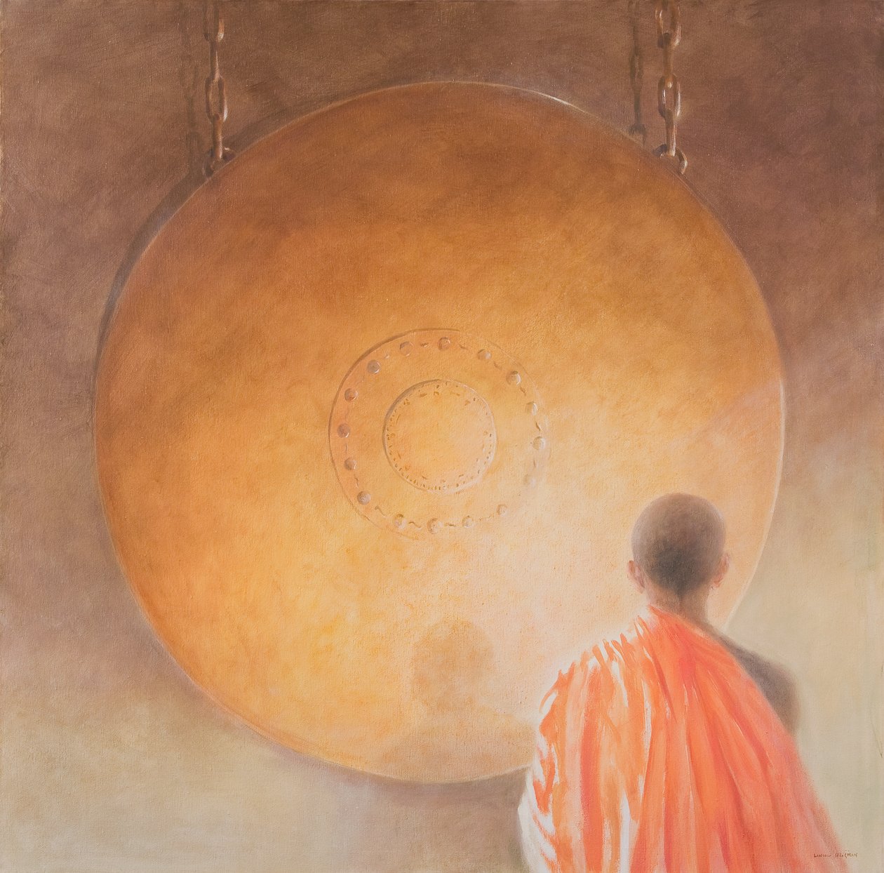 Jovem monge budista e gongo, Butão, 2010 (acrílico sobre tela) de Lincoln Seligman