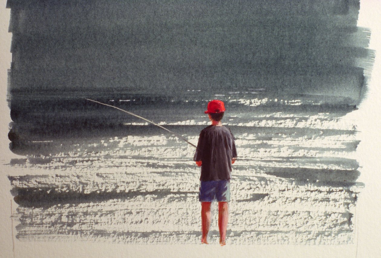 Henry Fishing, Alps, 1990 (acrílico sobre papel) de Lincoln Seligman