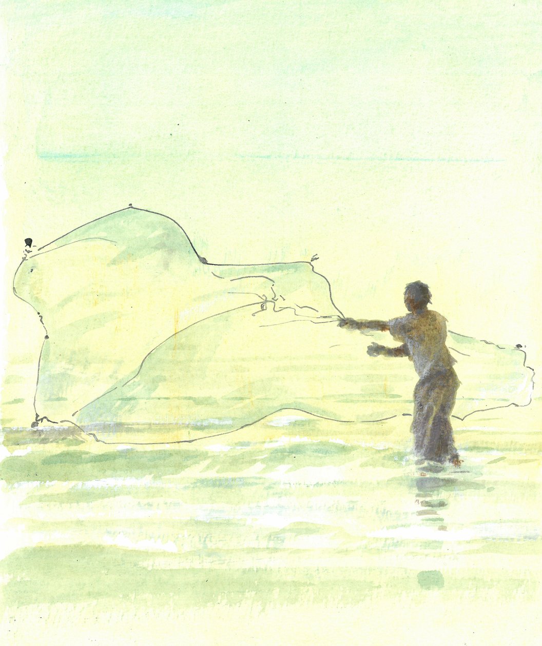 Lone Fisherman 2, 2015 (caneta e tinta com wc no papel) de Lincoln Seligman
