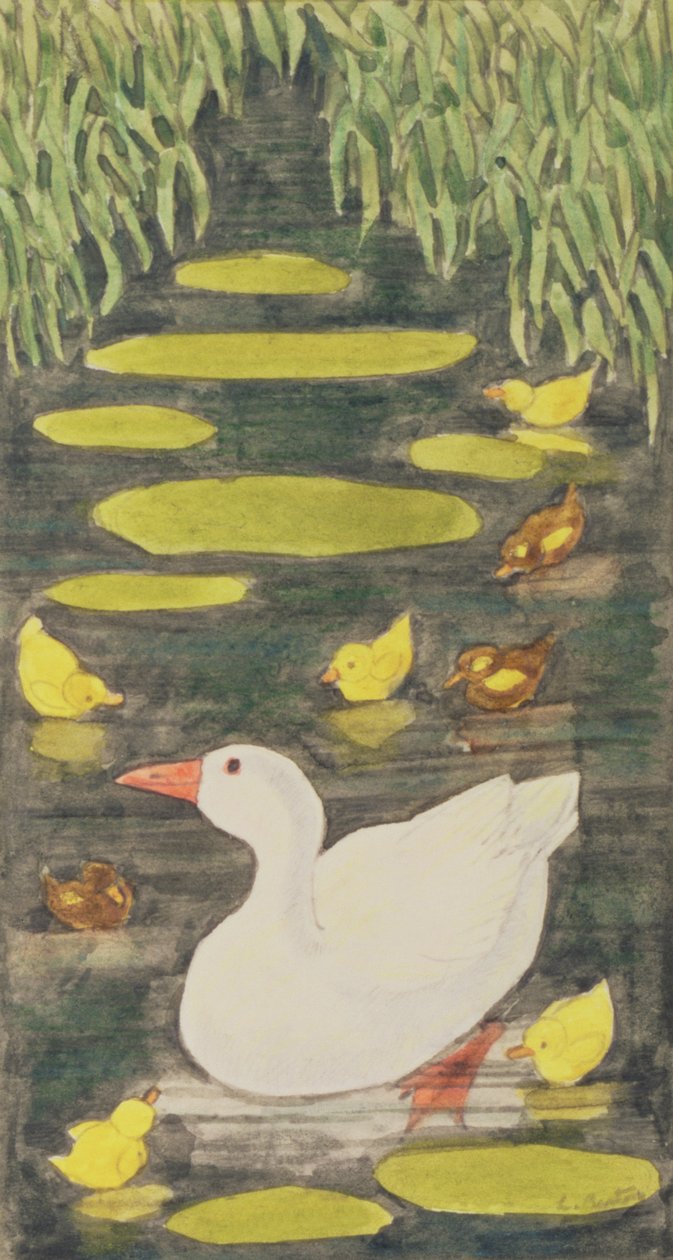 Mãe Pato na lagoa com seus patinhos de Linda Benton