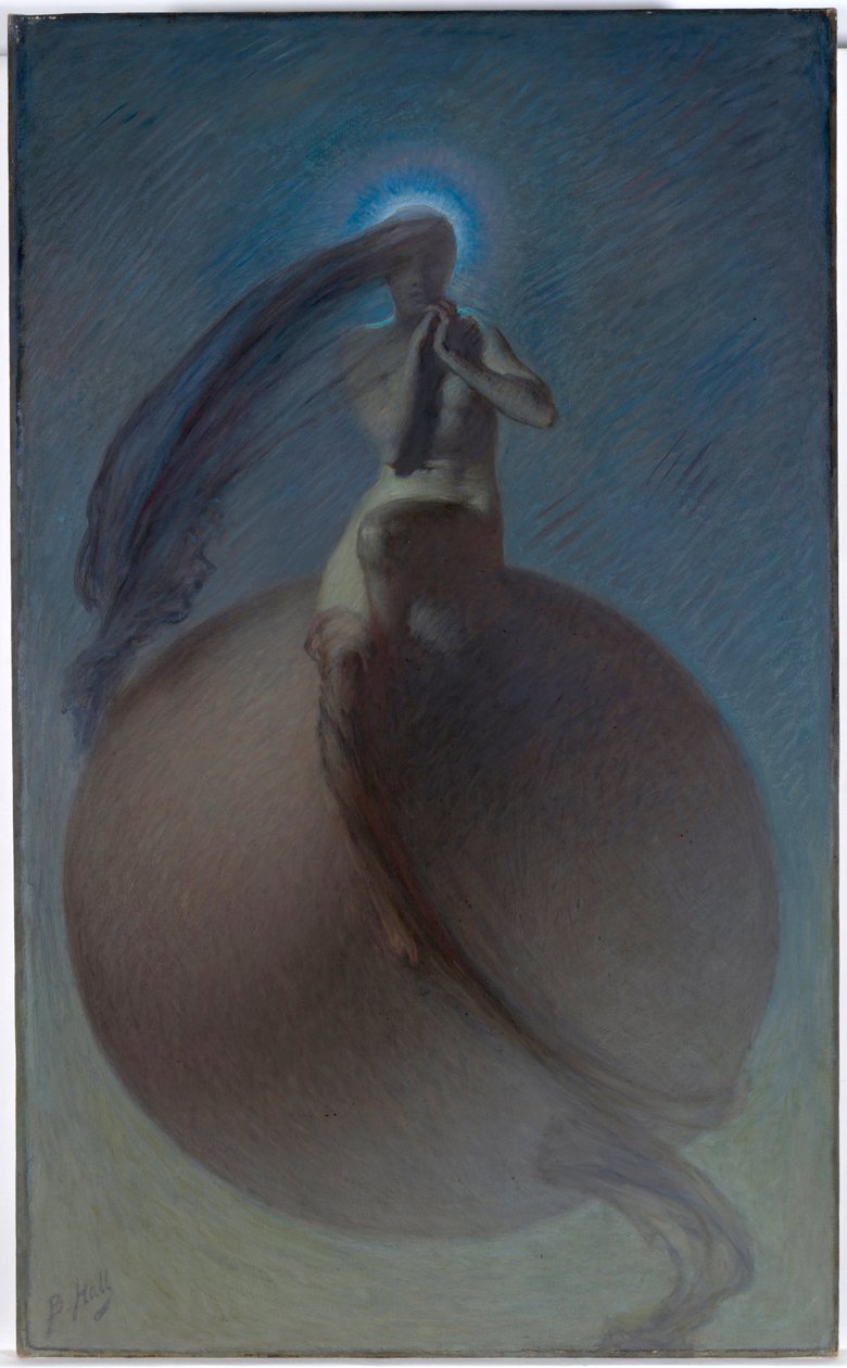 "La quete" (The Quest) Representação onirique, silhueta feminina posee sur un globo - Peinture de Lindsay Bernard Hall (1859-1935) vers 1905 - Óleo sobre tela Dim 154x94,5 cm Galeria Nacional da Austrália, Camberra de Lindsay Bernard Hall