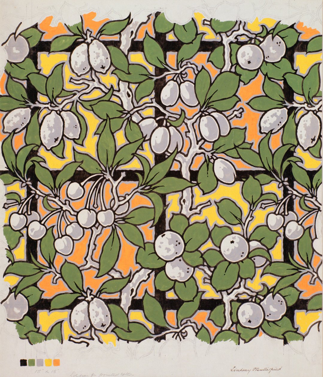 Mixed Fruit on Trellis, design para algodão estampado, século XX de Lindsay P. Butterfield