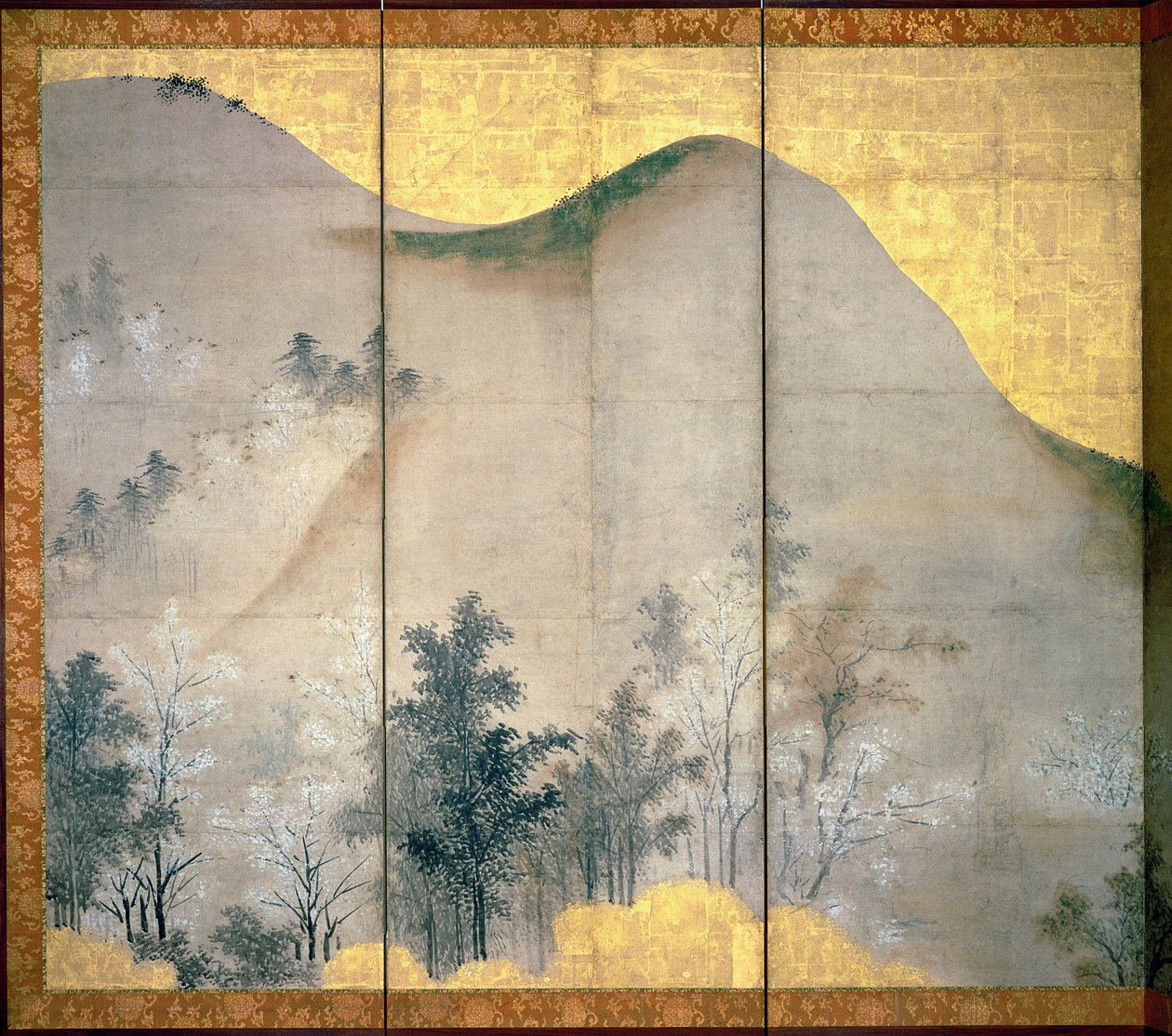 Paisagem da Primavera (caneta e tinta, cor, papel dourado no painel) (ver 216557) de Linkoku