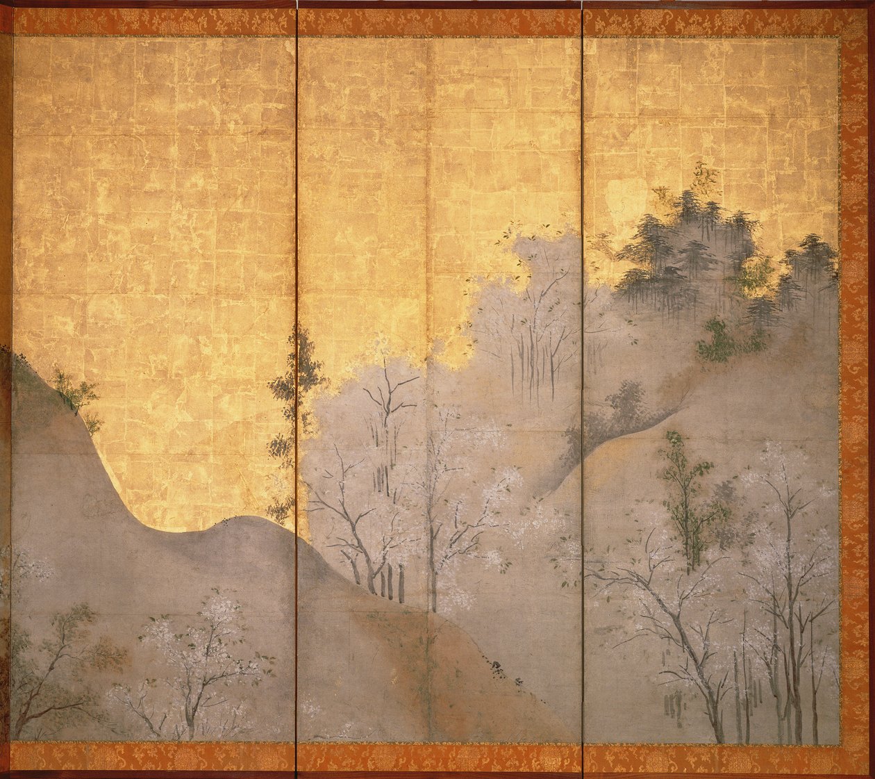 Paisagem da Primavera (caneta e tinta, cor, papel dourado no painel) (ver 216558) de Linkoku
