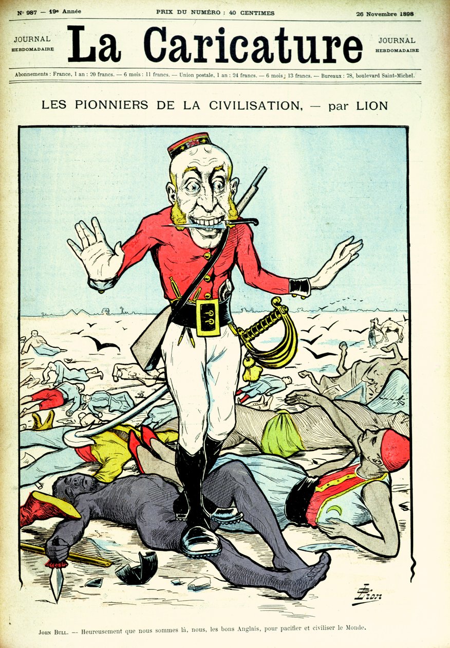 Pioneiros da civilização, John Bull traz a paz e a civilização para o mundo, capa da revista &39;Caricature&39;, 26 de novembro de 1898 de Lion