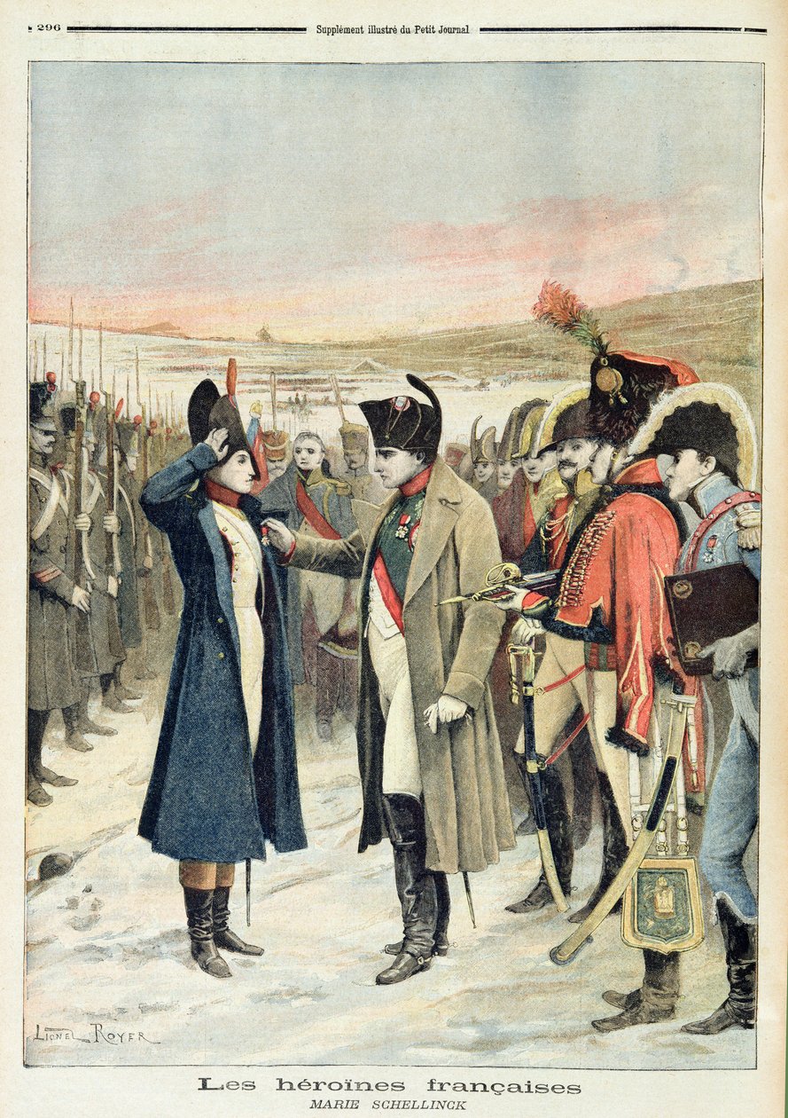 Napoleão Bonaparte (1769-1821) apresentando a oficial feminina, Marie Schellinck com uma medalha no campo de batalha, ilustração de &39;Le Petit Journal&39;, setembro de 1894 de Lionel Noel Royer