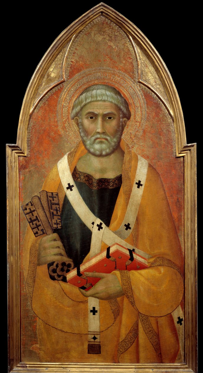 Representação de São Pedro (San Pietro) Detrempe sobre madeira por Lippo Memmi (conhecido de 1317-1347) Sol do século XIV. 0,94x0,44 m - Representação de São Pedro (San Pietro). Tempera sobre madeira de Lippo Memmi (conhecida de 1317 a 1347) de Lippo Memmi