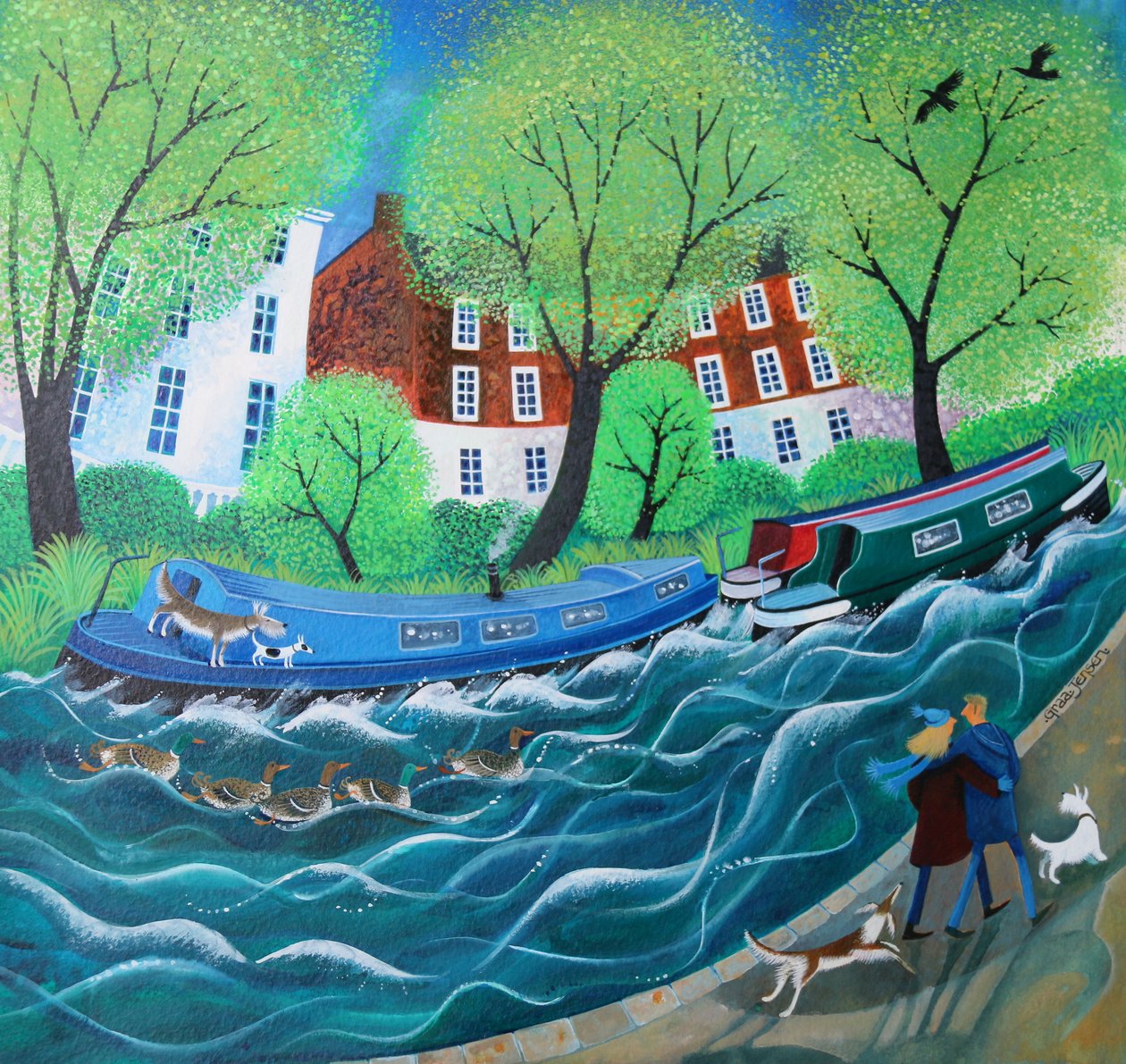 Ao longo do Regents Canal, 2016, (tintas acrílicas sobre papel) de Lisa Graa Jensen