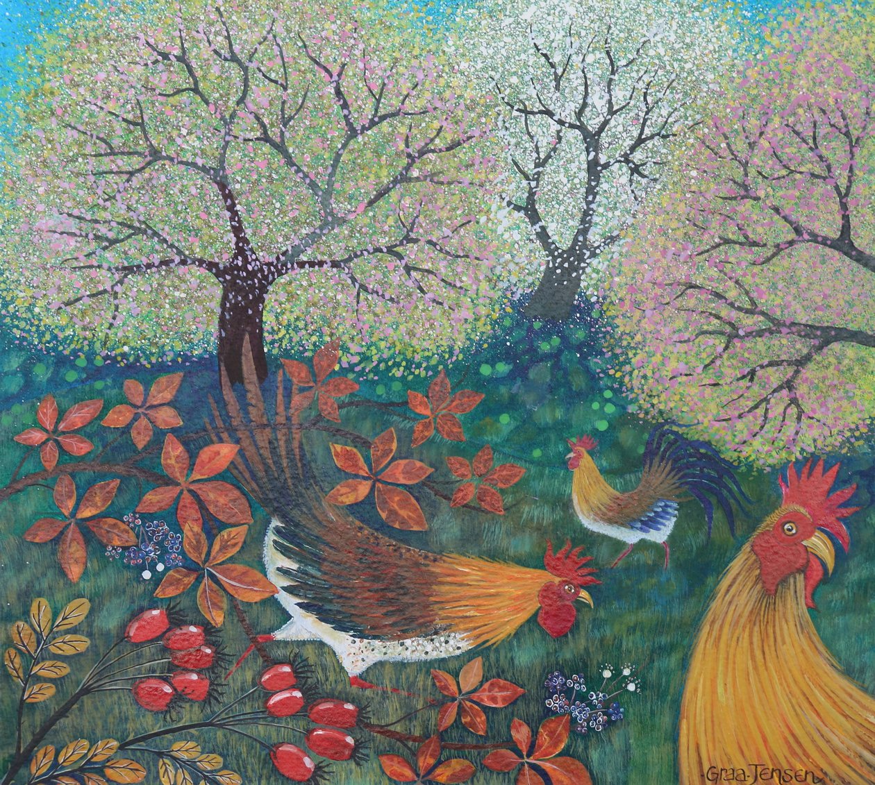 Galinhas da Páscoa, 2024 (acrílicos sobre papel) de Lisa Graa Jensen
