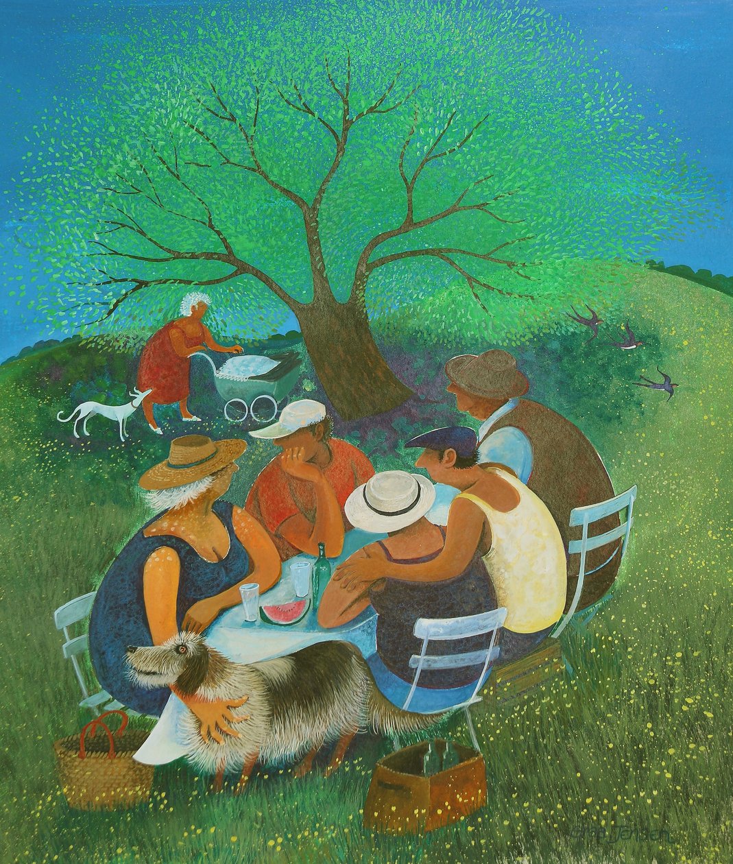Piquenique familiar, 2018 (acrílicos sobre papel) de Lisa Graa Jensen