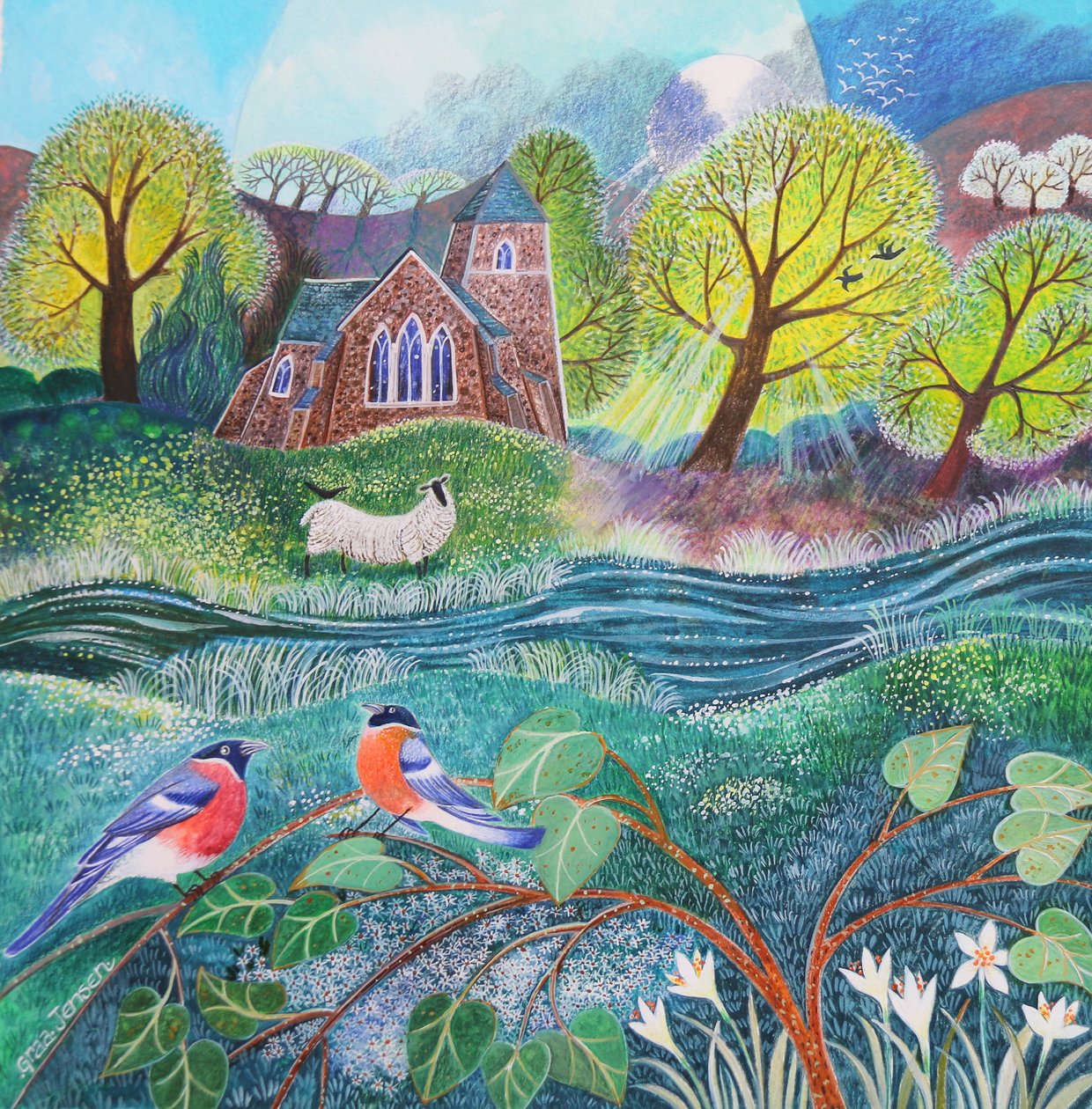 Finches, 2020,(acrílicos sobre papel) de Lisa Graa Jensen