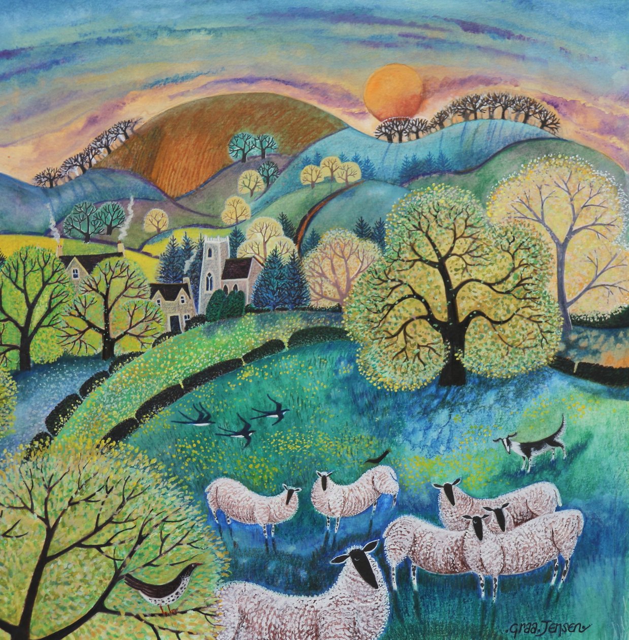 Ovelhas de pasto, 2021 (acrílicos sobre papel) de Lisa Graa Jensen