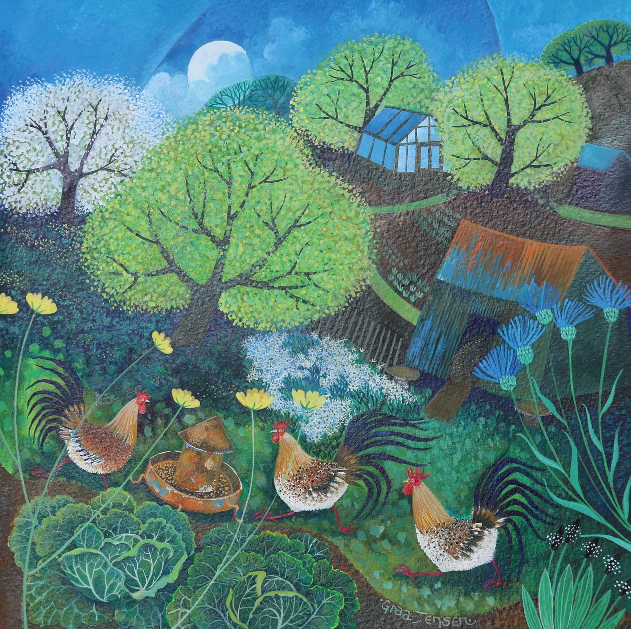 Galinhas felizes, 2016, (tintas acrílicas sobre papel) de Lisa Graa Jensen