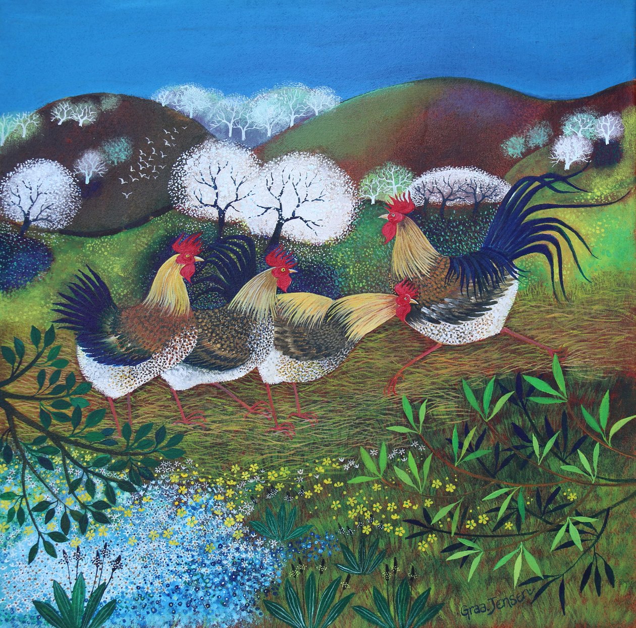 Rollicking Roosters, 2024 (acrílicos sobre linho) de Lisa Graa Jensen