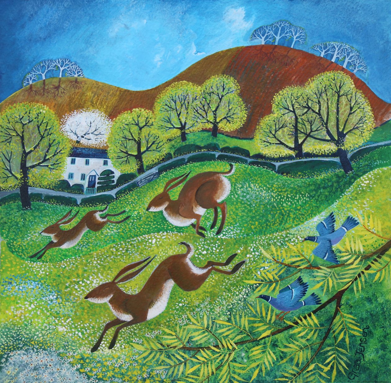 Lebres da primavera, 2025 (acrílicos sobre linho) de Lisa Graa Jensen