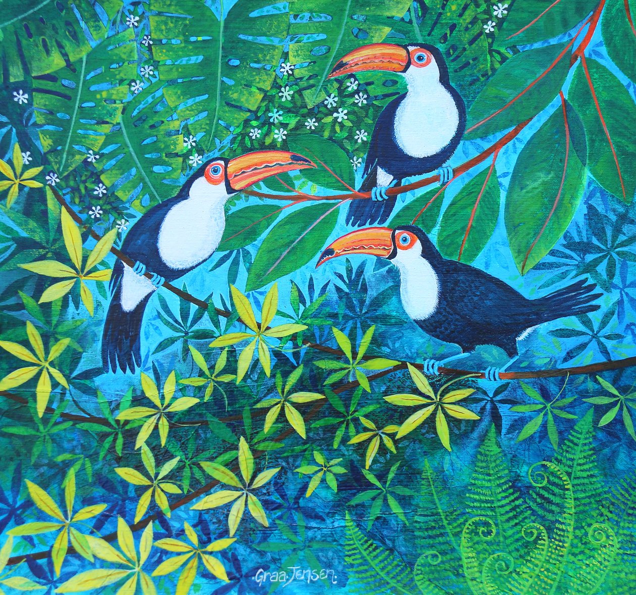 Toucan Threesome, 2024 (acrílicos sobre linho) de Lisa Graa Jensen
