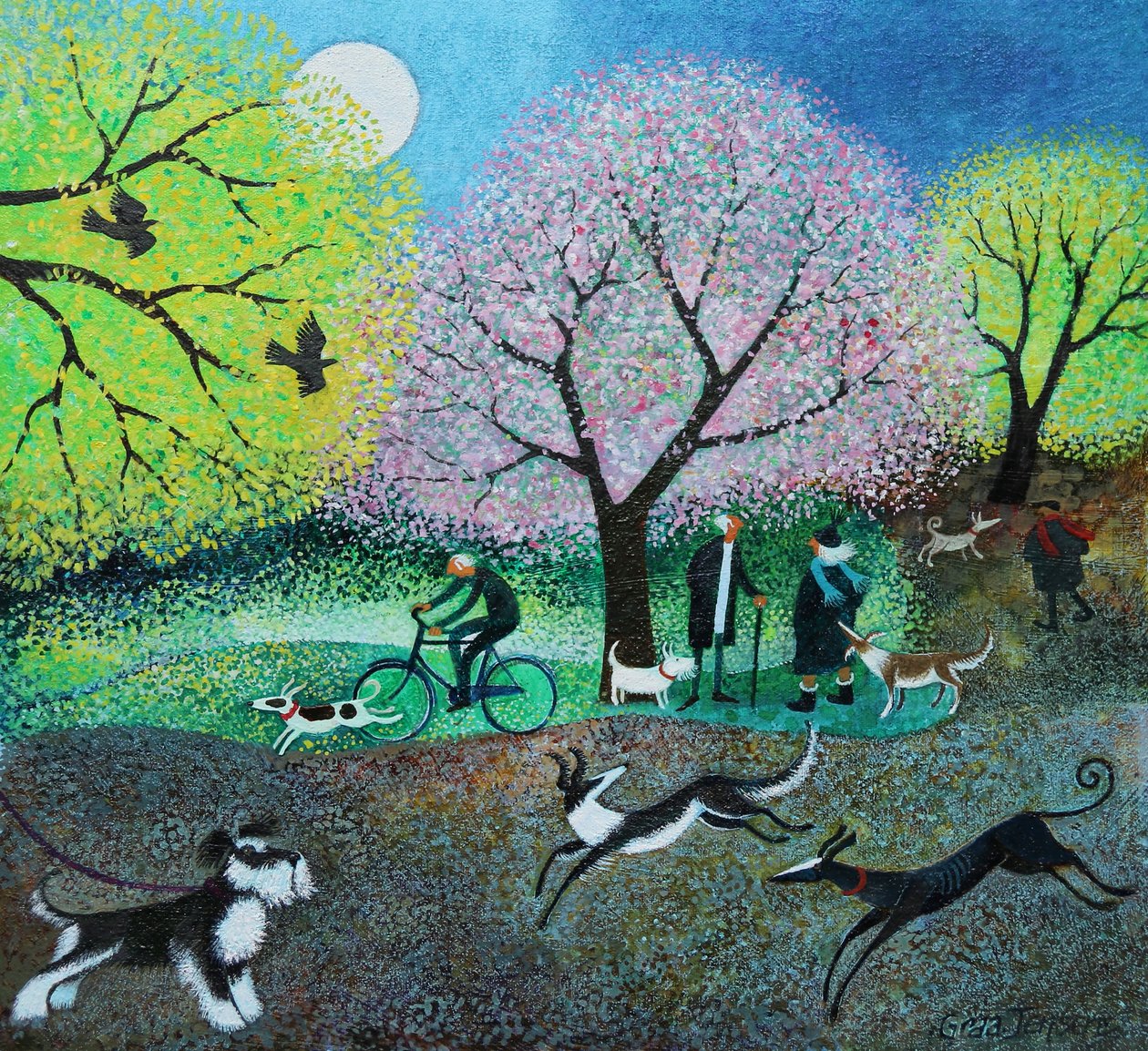 Wellie Road Dog Walkers, 2021 (acrílicos sobre linho) de Lisa Graa Jensen