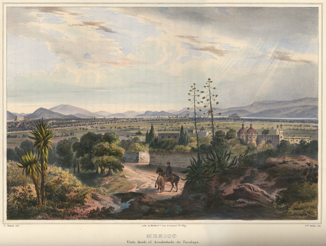 México, visto desde o Arsobisbado de Tacubaya. Cidade do México vista de Tacubaya. Litografia colorido à mão destacada com goma arábica. Tamanho original (linhas limpas) de Frederic Mialhe