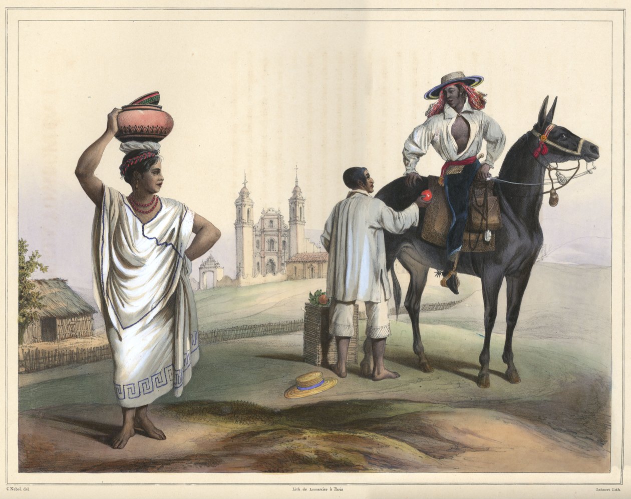 Gente de Tierra Caliente entre Papantla y Misantla. Grupo de fantasia. Litografia colorido à mão destacada com goma arábica. Tamanho original (linhas limpas) de Lithograph by Pierre Frédéric Lehnert