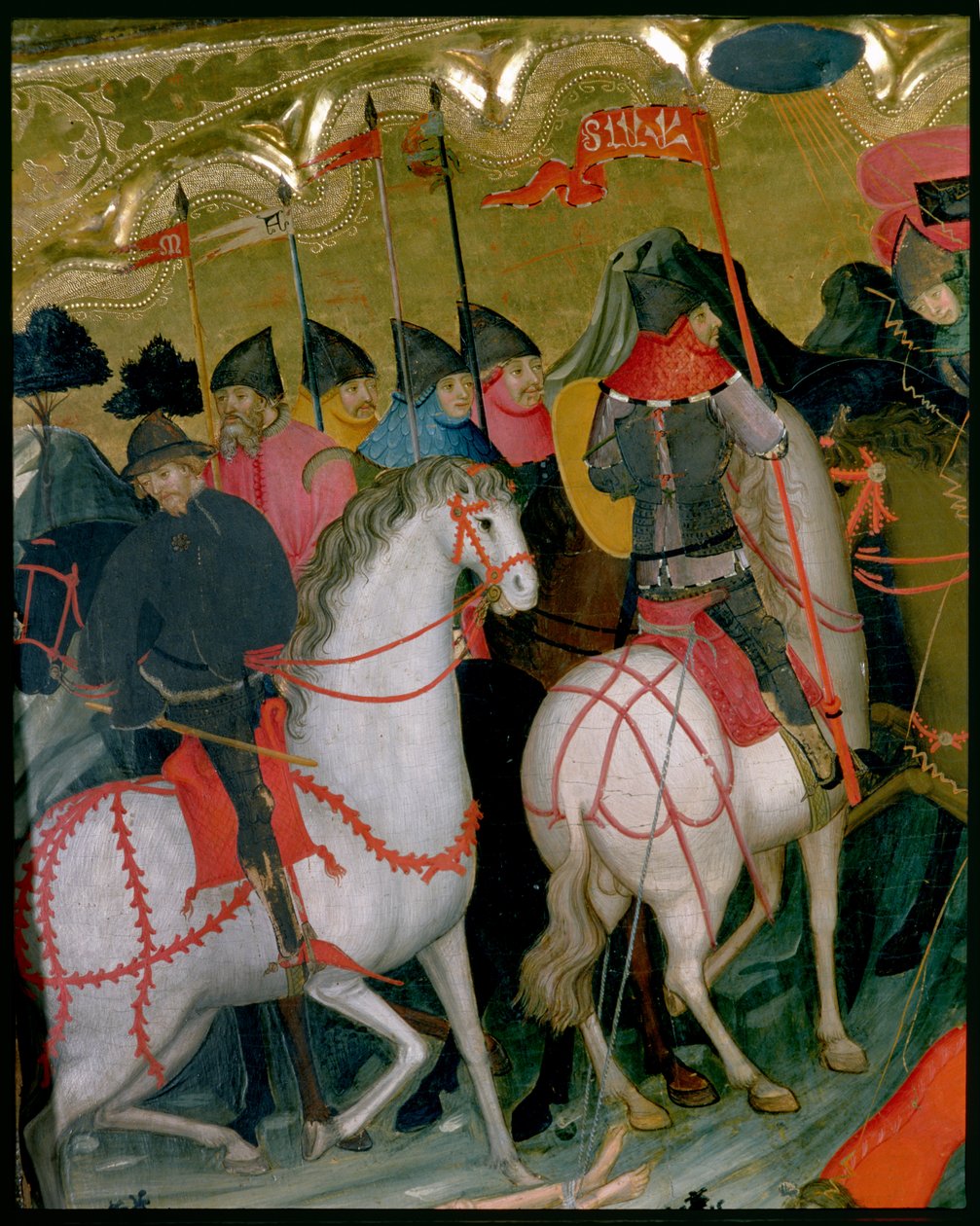 Soldados montados, detalhe do retábulo da Virgem e São Jorge, c.1390-1400 (tempera no painel) de Lluís Borrassà