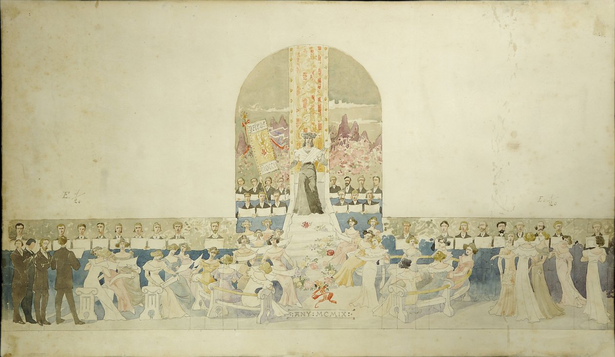 Projecto para o mosaico dos cantores na fachada, preservado na Fundação Orfeó Catalão Palau de la Música Catalana de Luis Domenech i Montaner