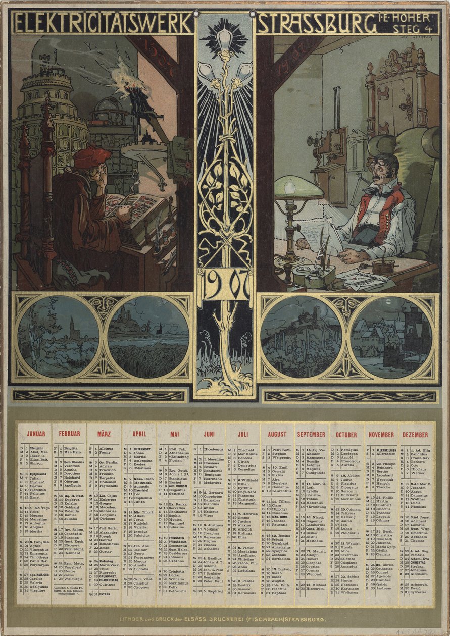 Central elétrica Estrasburgo. Calendário para o ano de 1907, 1906. de Léo Schnug