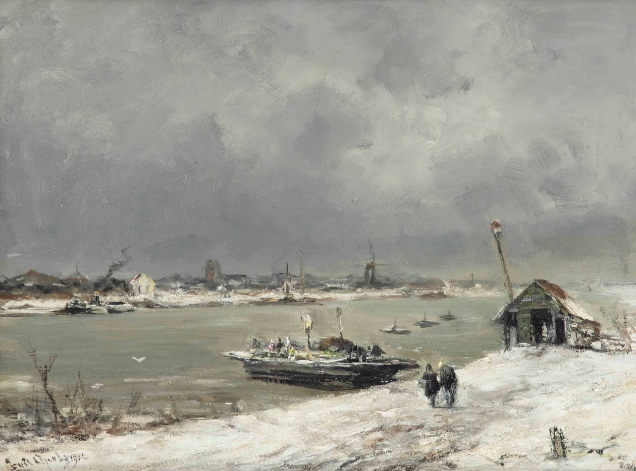 Uma travessia de balsa perto de Wijk bij Duurstede no inverno de Lodewijk Frederik Hendrik Apol