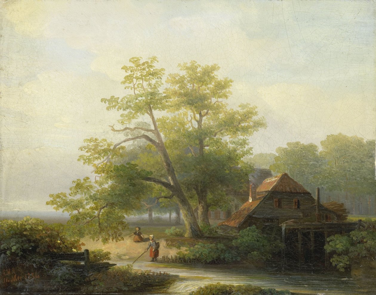 Um moinho de água numa paisagem arborizada de Lodewijk Hendrik Arends