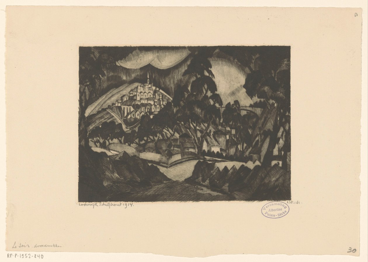 Paisagem montanhosa com árvores e edifícios
Le Soir (título original sobre o objecto) de Lodewijk Schelfhout (signed by artist)