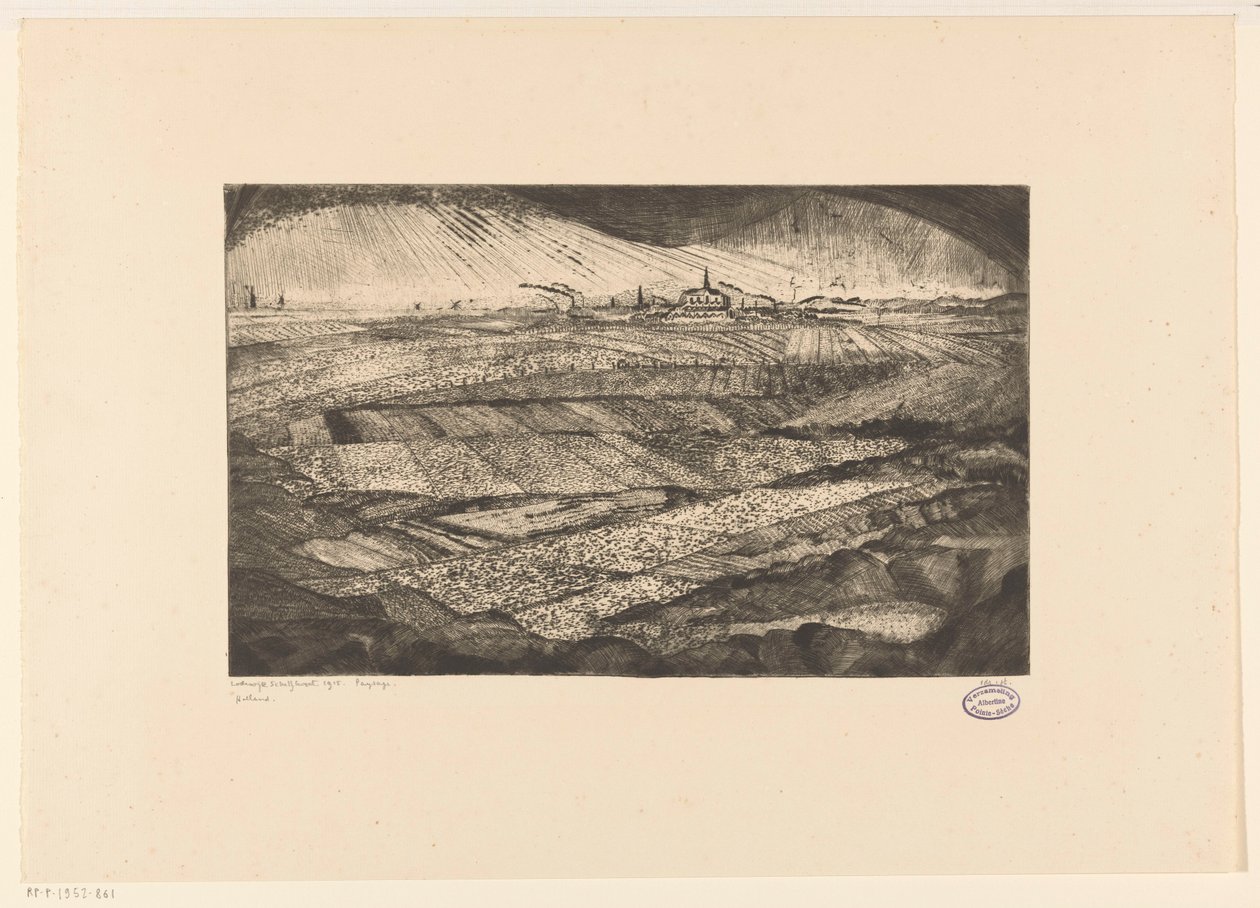 paisagem com campos Paysage (título original no objeto) de Lodewijk Schelfhout (signed by artist)