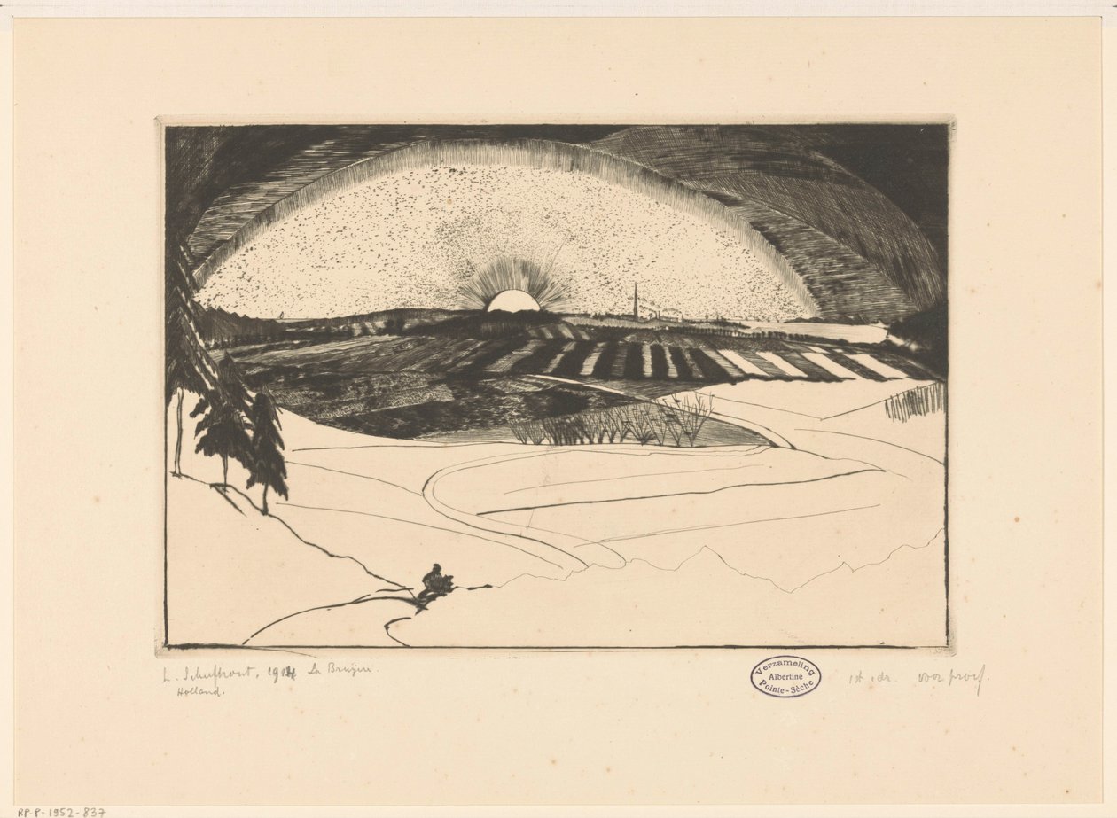Nascer ou pôr do sol sobre uma paisagem montanhosa La Bruyere (título original no objeto) de Lodewijk Schelfhout (signed by artist)