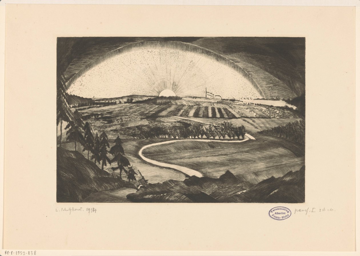 Nascer ou pôr do sol sobre uma paisagem montanhosa La Bruyere (título original no objeto) de Lodewijk Schelfhout (signed by artist)