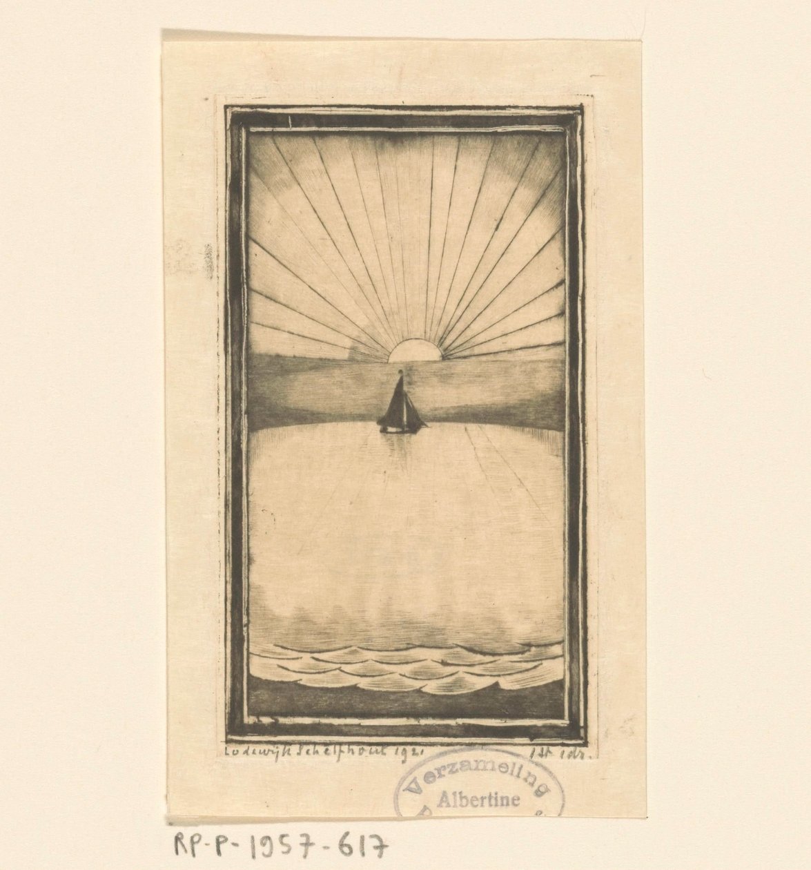 Veleiro no mar ao nascer ou pôr do sol de Lodewijk Schelfhout (signed by artist)