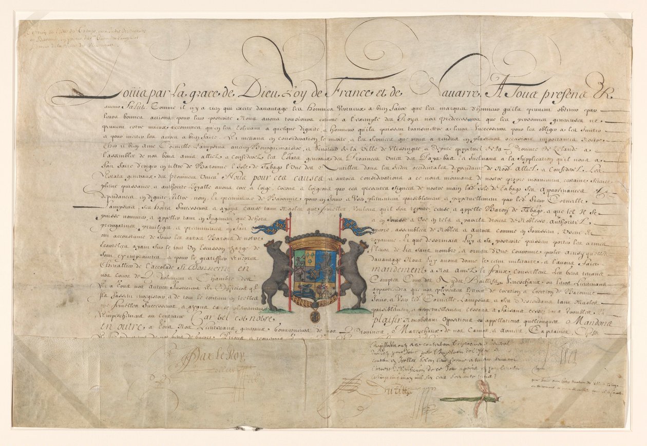 Diploma pelo qual Luís XIV elevou Cornelis Lampsins a Barão de Tobago e Cavaleiro da Ordem de São Miguel de Lodewijk XIV (koning van Frankrijk) (signed by artist)