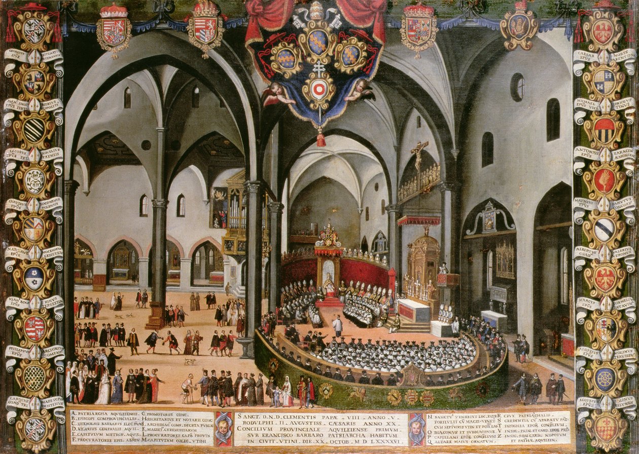 Porta de órgão representando o Conselho de Aquileia em 1596 em Udine de Lodovico Pozzerrato