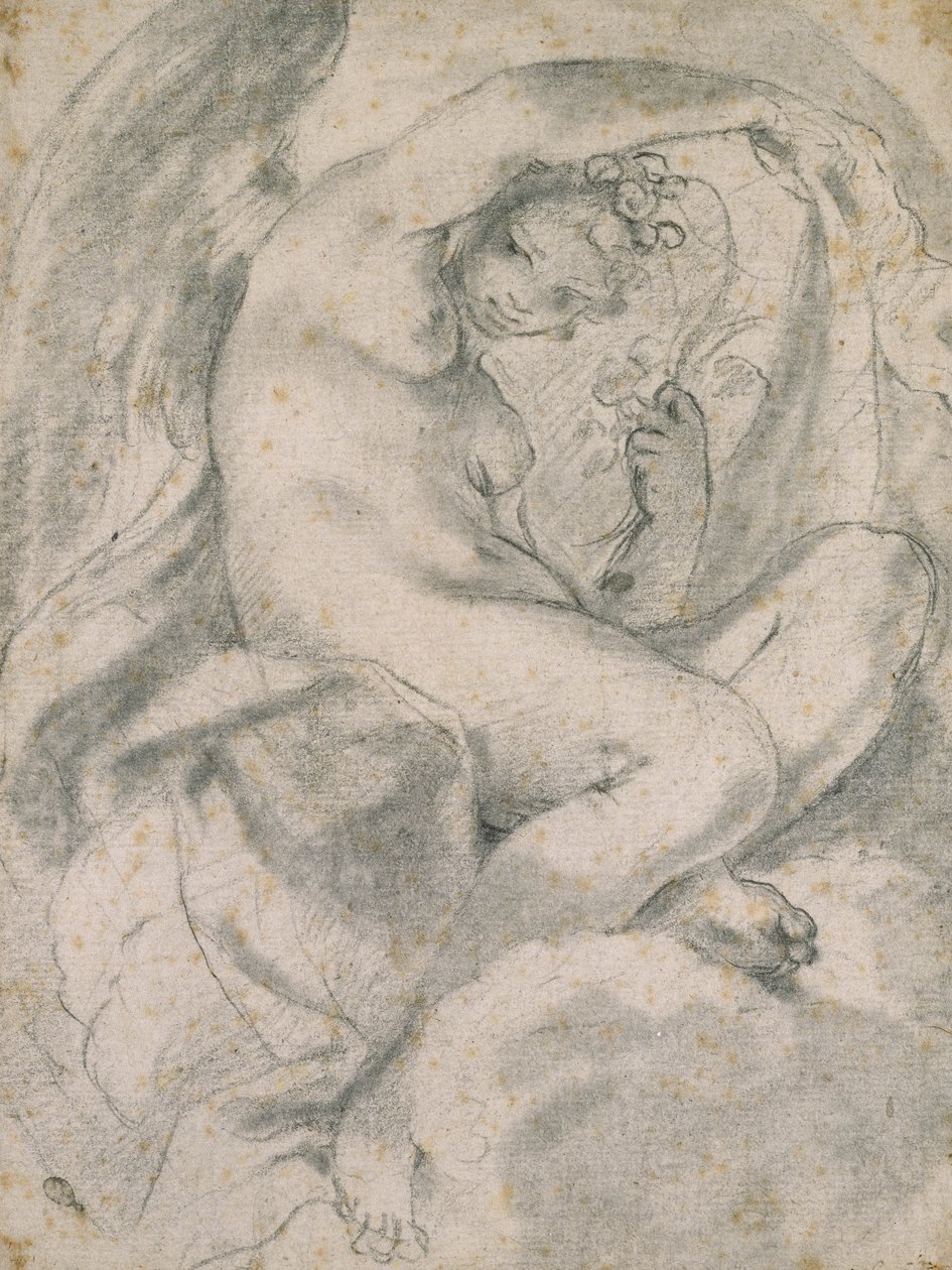 Uma ninfa (Flora) em meio a nuvens (giz preto com toco em papel branco) de Lodovico Carracci