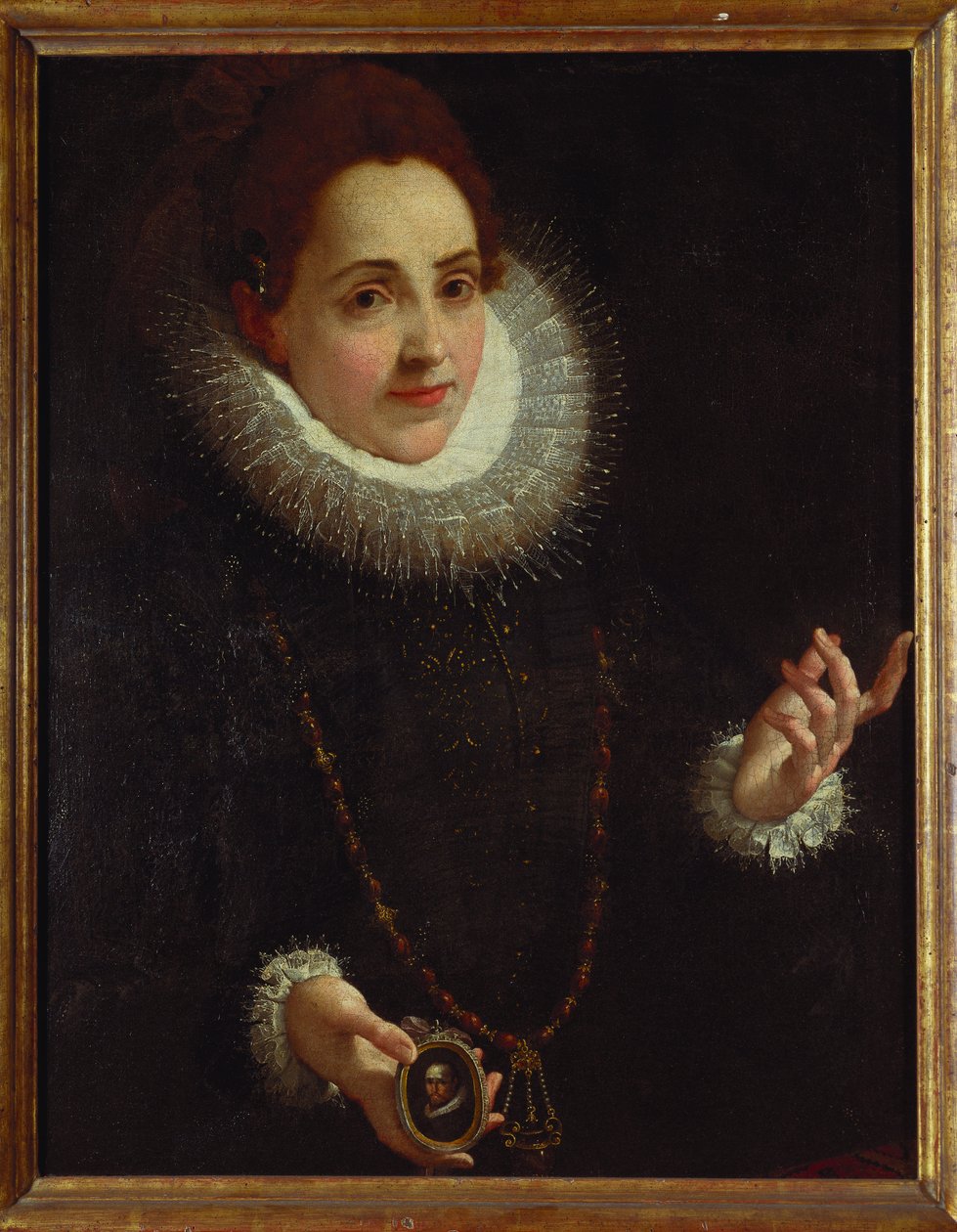 Retrato, senhora, segurando, retrato, miniatura, cavalheiro de Lodovico Carracci