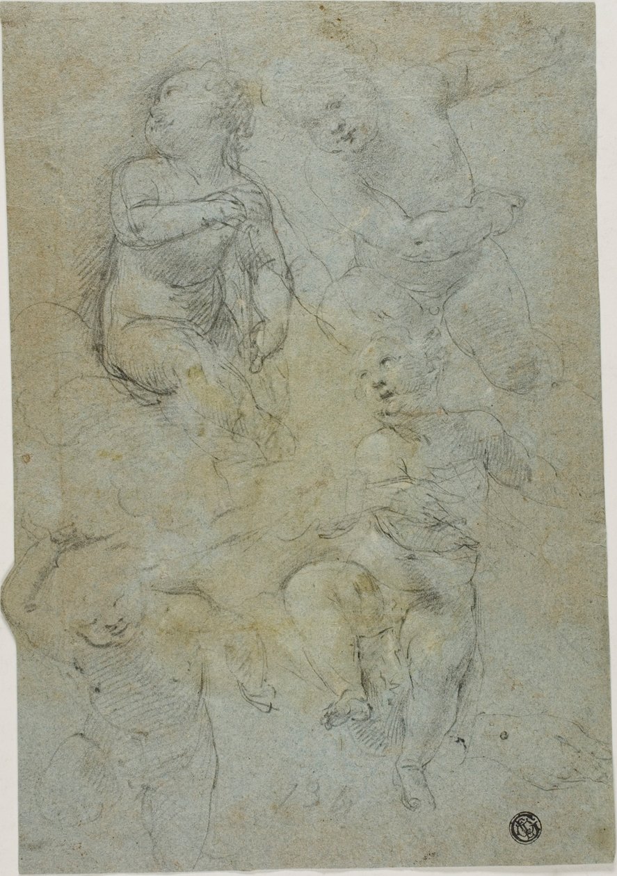 Esboços de Quatro Putti (reto); Ajoelhado Eclesiástico (verso) de Lodovico Carracci