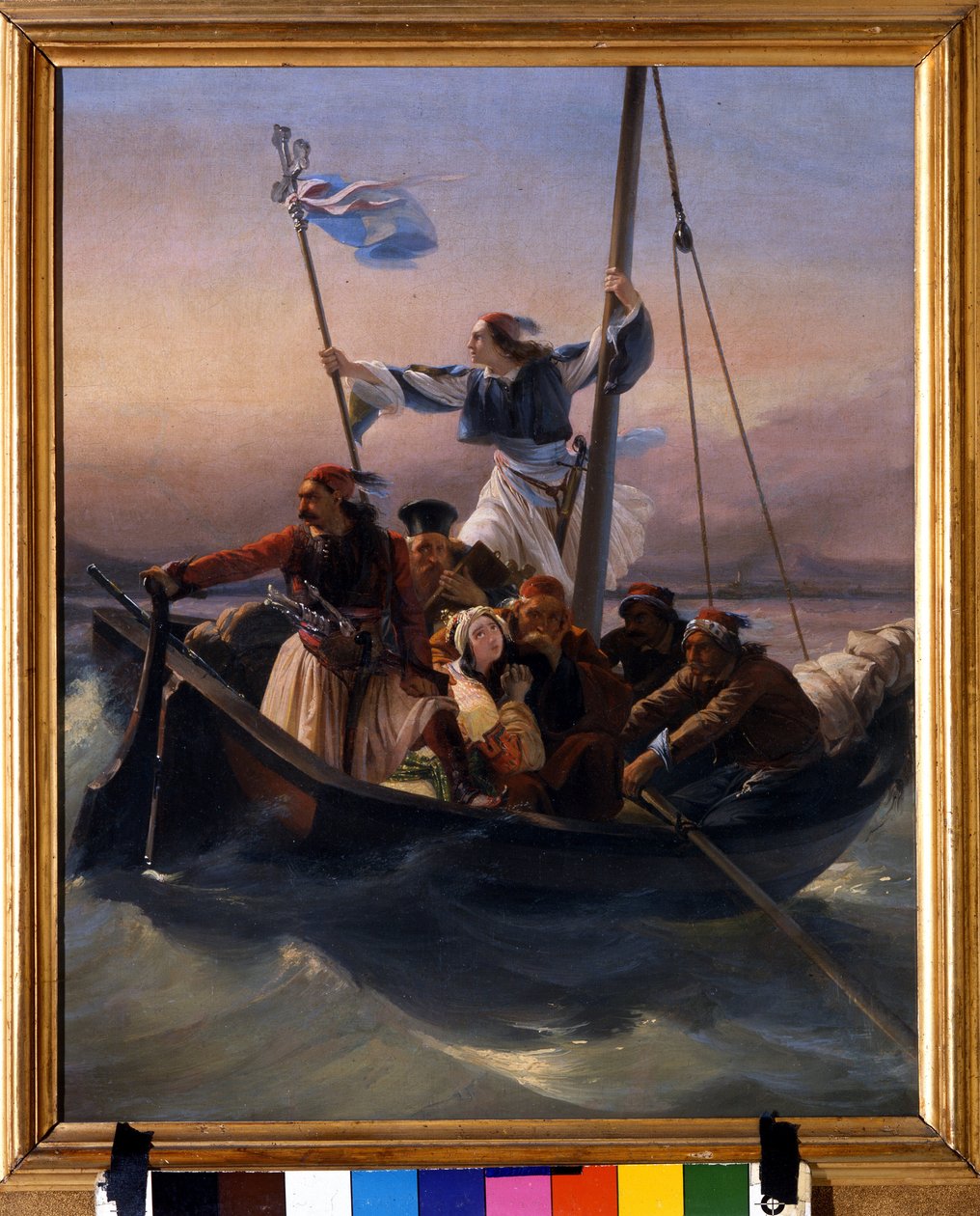 Gregos num navio Alegoria da Grécia em marcha rumo à independência após o domínio otomano e a Guerra da Independência grega (1821-1830) ou a Revolução Grega. Pintura de Ludovico Lipparini (1800-1856) 1848 Verone de Lodovico Lipparini