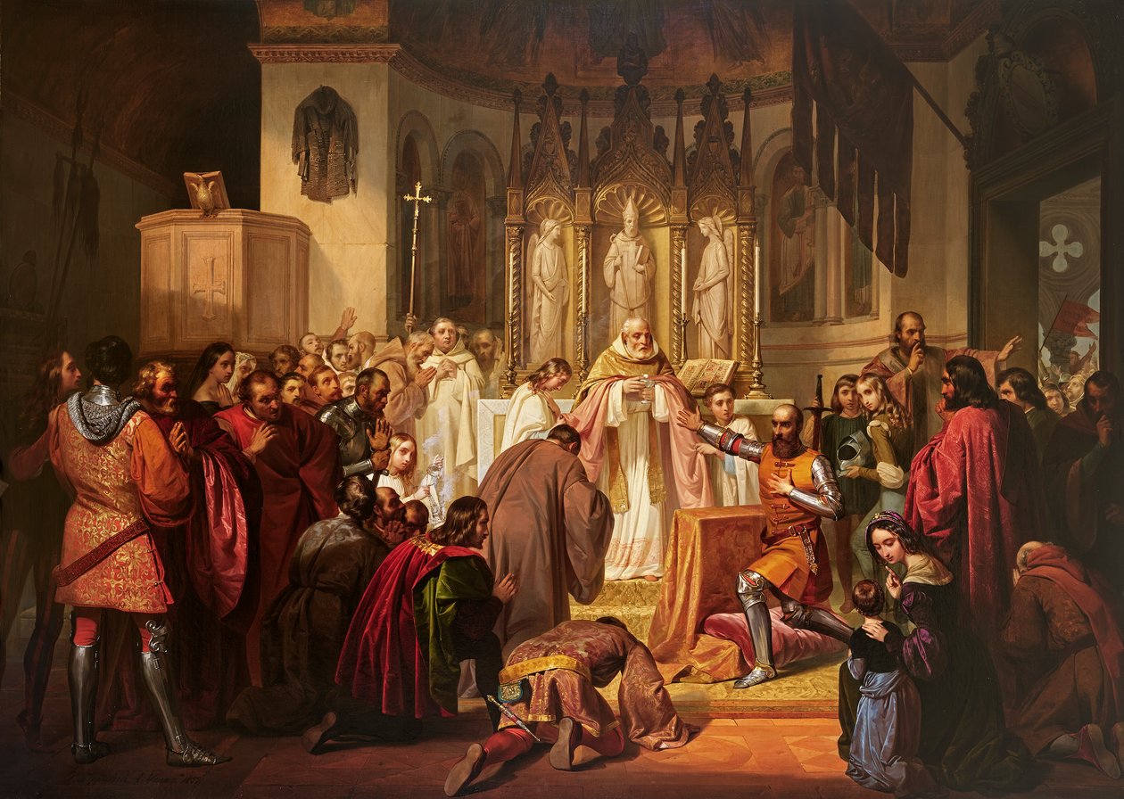 Vittore Pisani recebe a Sagrada Comunhão antes de assumir o comando de uma expedição contra os genoveses de Lodovico Lipparini