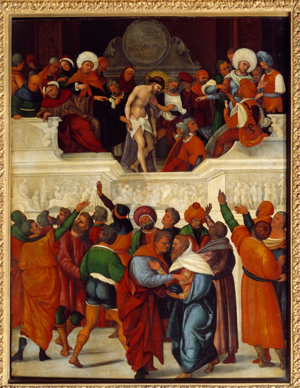 Ecce gay (Aqui está o homem) (expressão usada por Pôncio Pilatos (Pôncio Pilatos) na tradução da Vulgata do evangelho de João (19,5) quando apresenta Jesus à multidão espancada e coroa de espinhos). Pintura em madeira de Ludovico Mazzolino (ca. 1480-around de Lodovico Mazzolino