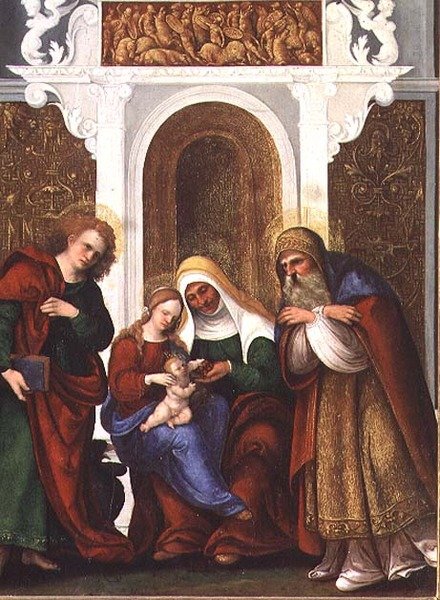 Madonna e Child com a SS. Anne, João Evangelista e Zacarias ou Madonna e Santa Ana das Cerejas (painel) de Lodovico Mazzolino