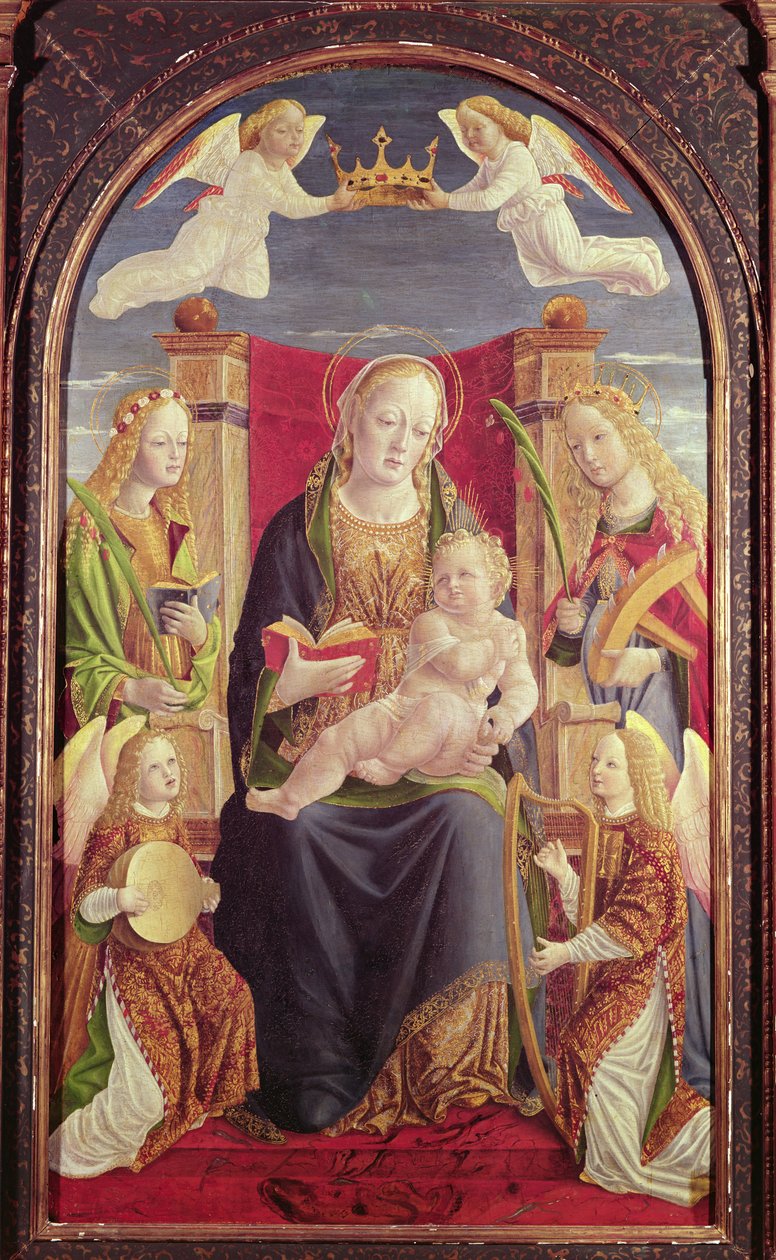 Madonna e criança com músicos de anjo, c.1490-1500 (tempera no painel) de Lombard School