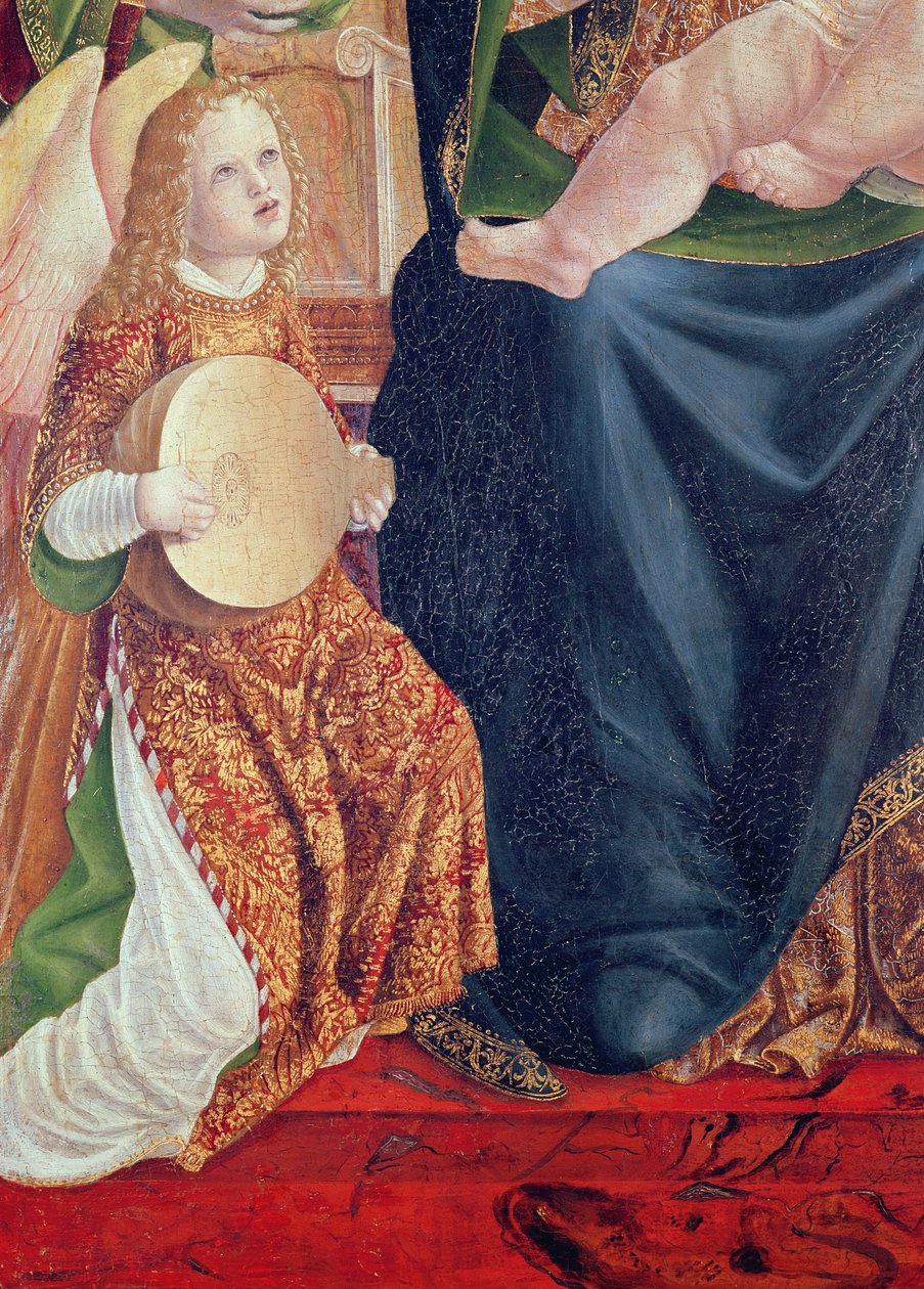 Madonna e criança com músicos de anjo, detalhe de um anjo tocando o alaúde, c.1490-1500 (tempera no painel) de Lombard School