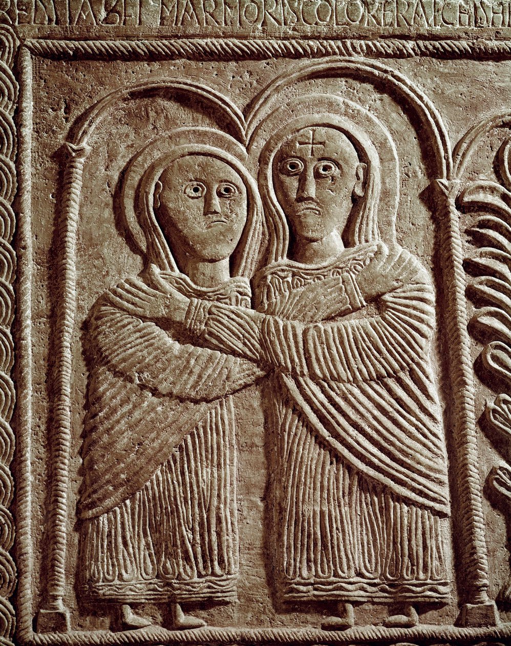Arqueologia da Idade Média (Idade Média). Arte Bárbara da Lombardia: Visitação, Santa Isabel e Santa Maria. Escultura, Arte Lombarda, 737-744. Cividale del Friuli, Museu Chretien, tesouro da catedral. de Lombard School