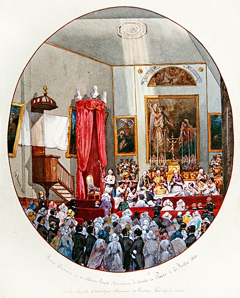 Primeira Comunhão do Comte de Paris na Capela Real Francesa de St.Louis, Londres de Lombardo Enrique Simonet