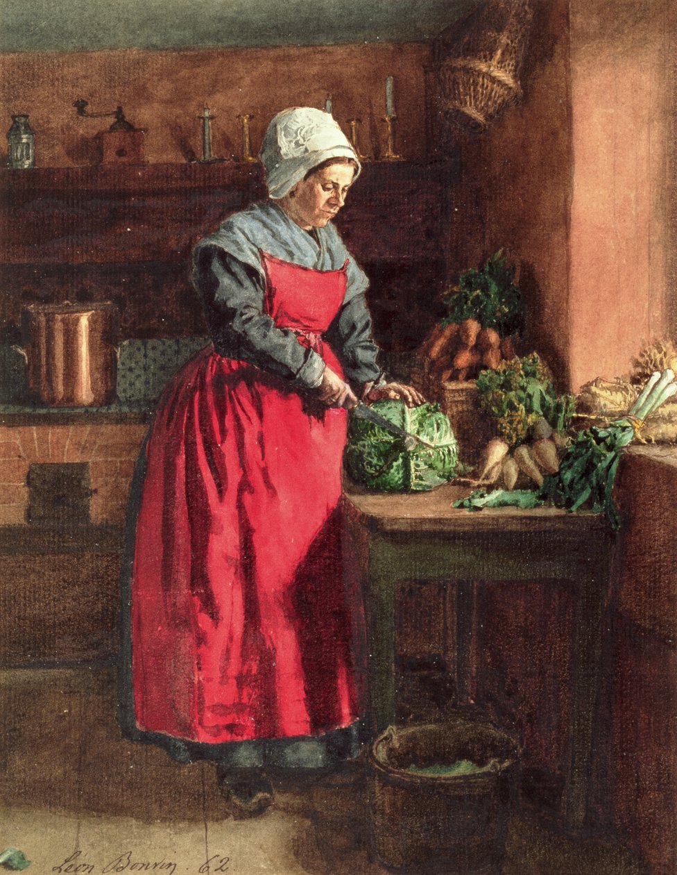 Cozinhar com avental vermelho, 1862 (wc, guache, caneta e tinta e grafite sobre papel) de Léon Bonvin