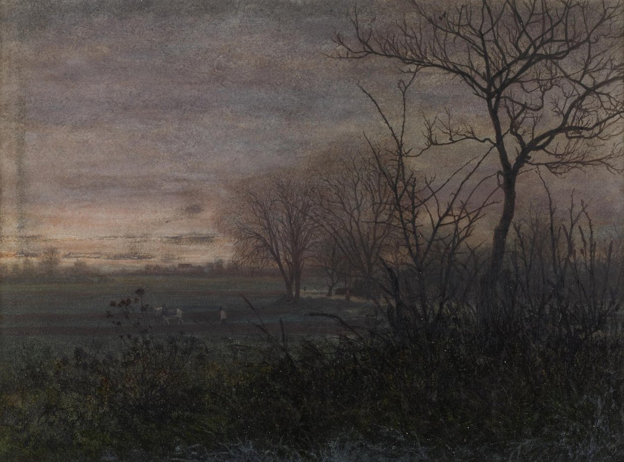 Lavrar ao entardecer, 1865 (wc e caneta e tinta no papel) de Léon Bonvin