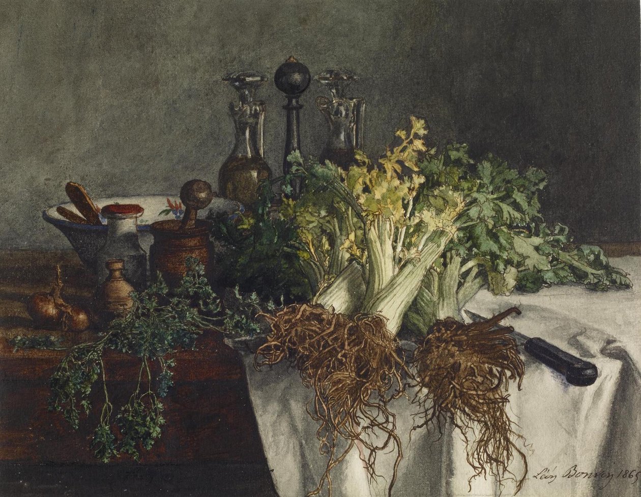 Ainda vida na mesa de cozinha com aipo, salsa, tigela e galheteiros, 1865 (wc e caneta und tinta sobre papel) de Léon Bonvin